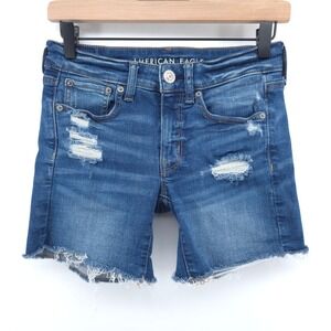 American Eagle Womens MIDI Shorts Size 2 Blue Distressed Super Stretch Raw Hem